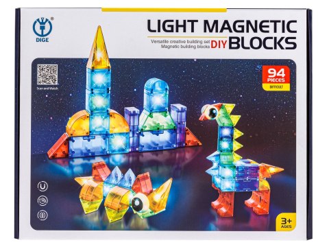Klocki Magnetyczne, Konstrukcyjne, Świecące Elementy, Figury 3D 94 El. Klocki Magnetyczne, Konstrukcyjne, Świecące Elementy, Figury 3D 94 El.