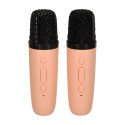 Zestaw do karaoke 2 mikrofony + głośnik przenośny BLUETOOTH USB LED różowy Zestaw do karaoke 2 mikrofony + głośnik przenośny BLUETOOTH USB LED różowy