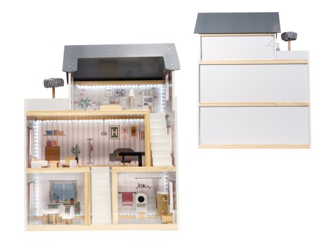Domek dla lalek drewniany MDF mebelki 78cm czarny LED Domek dla lalek drewniany MDF mebelki 78cm czarny LED